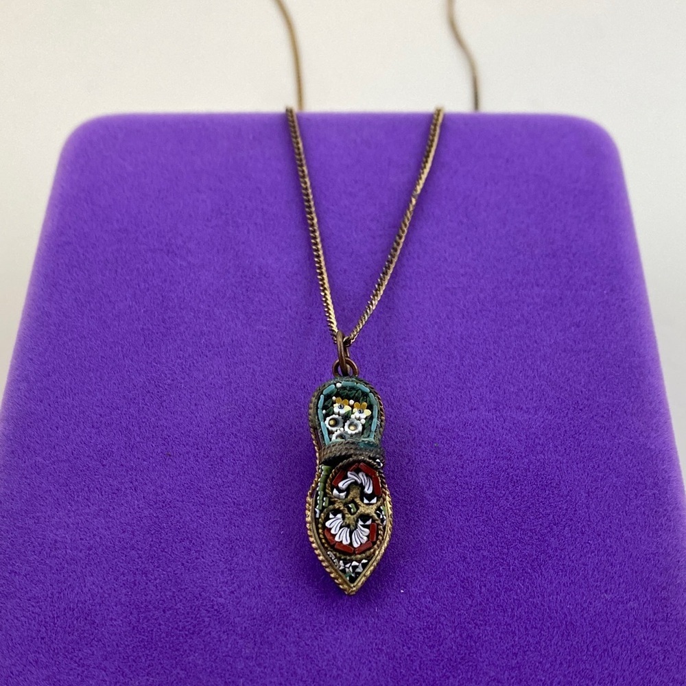 💛 Vintage Gold Tone Italian Floral Micro Mosaic Shoe Necklace | Handmade
